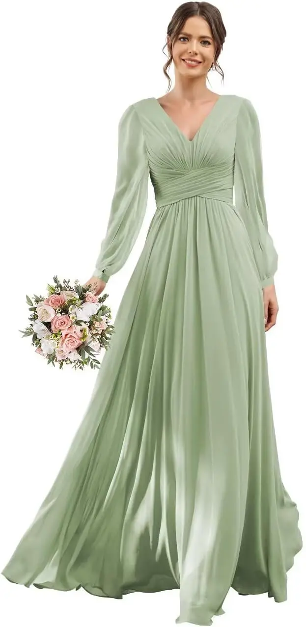 2026 Women's V-neck Long Sleeved Bridesmaid Dress Pleated Chiffon A-line Formal Party Gown with Slit And Pockets