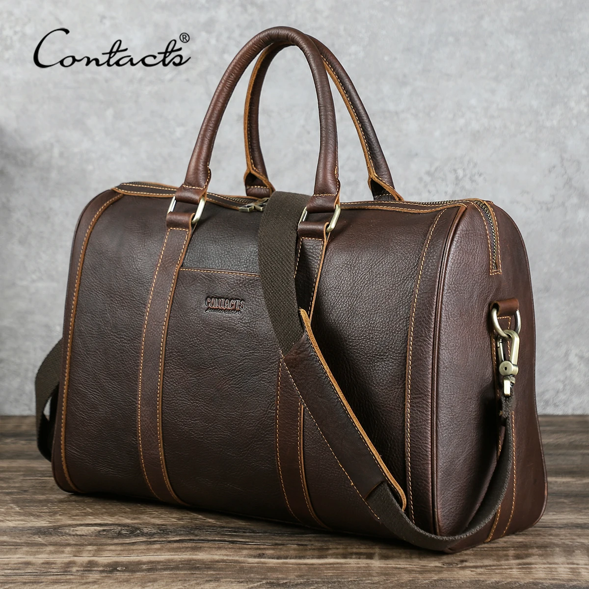 CONTACT'S Men's Genuine Leather Travel Handbag, Business Duffle Tote, Luggage Bag Large Capacity Carry On Bag for Weekend Trips