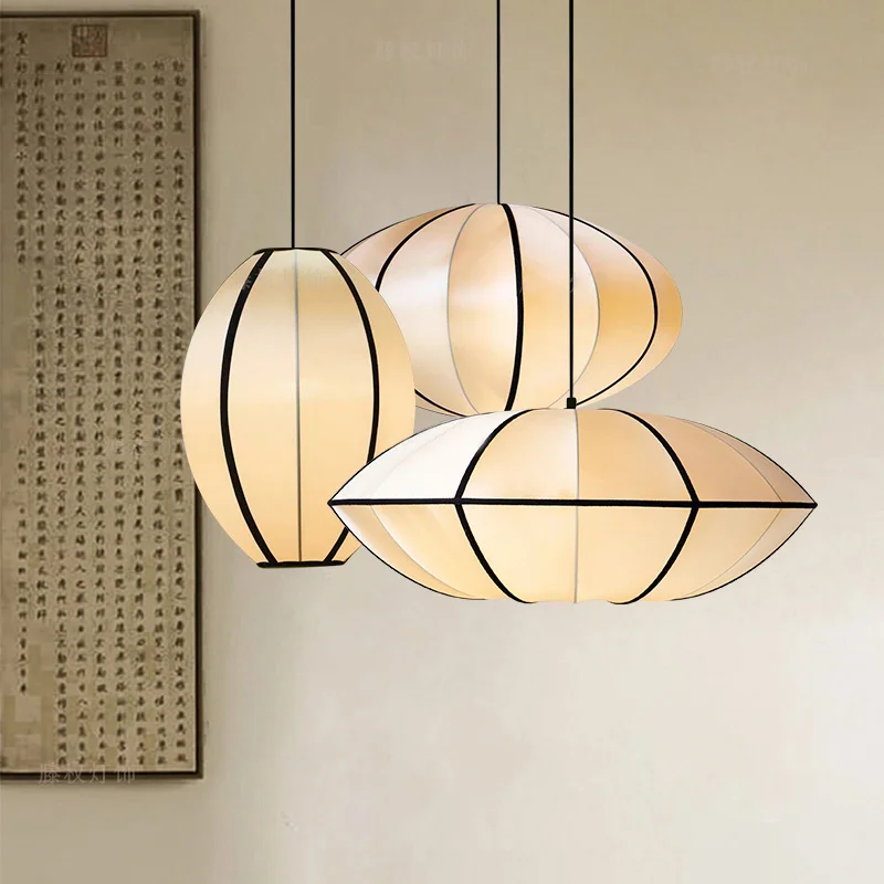 Nordic Fabric Lantern Pendant Light Dining Table Living Room Kitchen Island Medieval Decor Hanging Lamp Bedroom LED Chandelier