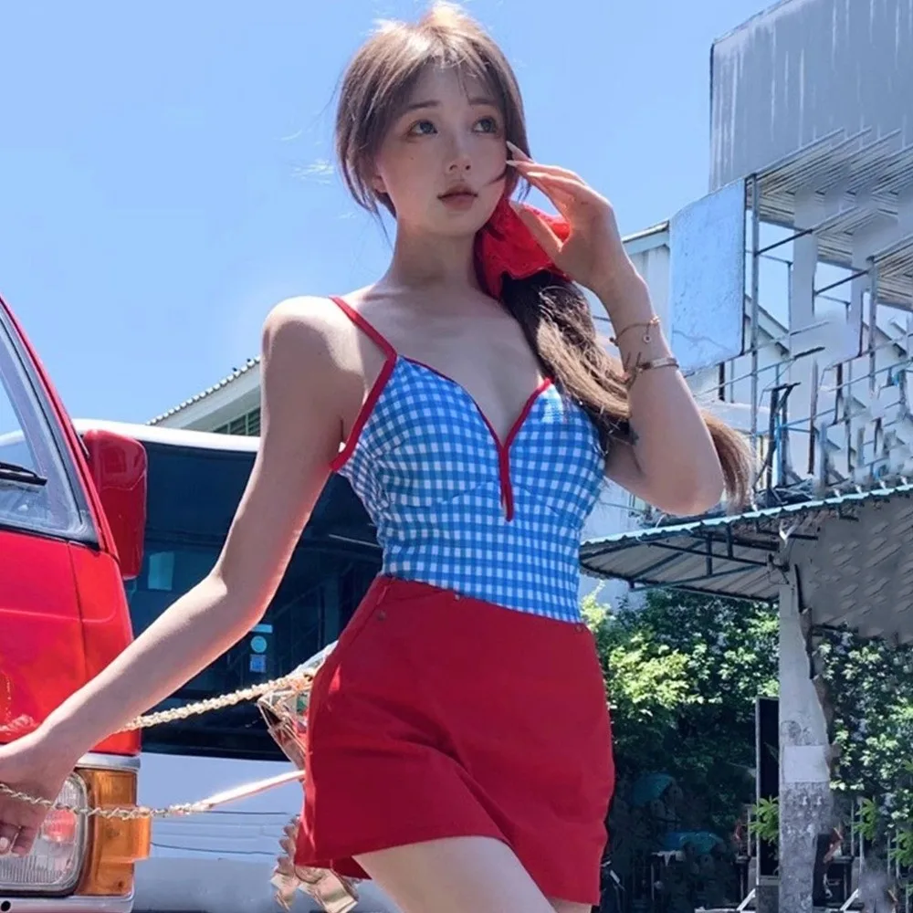 Slimming Design Plaid Swimsuit Suit Conservative Style Scalloped Rim Skirt Bathing Suit Blue Fresh Swimwear Bikini Set Vacation