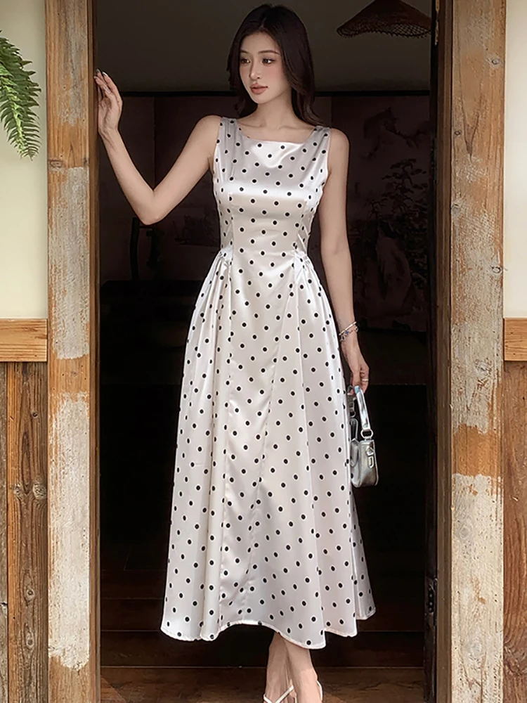 2026 New Satin Polka Dot Chic Sling Sexy Long Dress Women Korean Vintage Luxury Party Dress Summer Elegant Bodycon Evening Dress