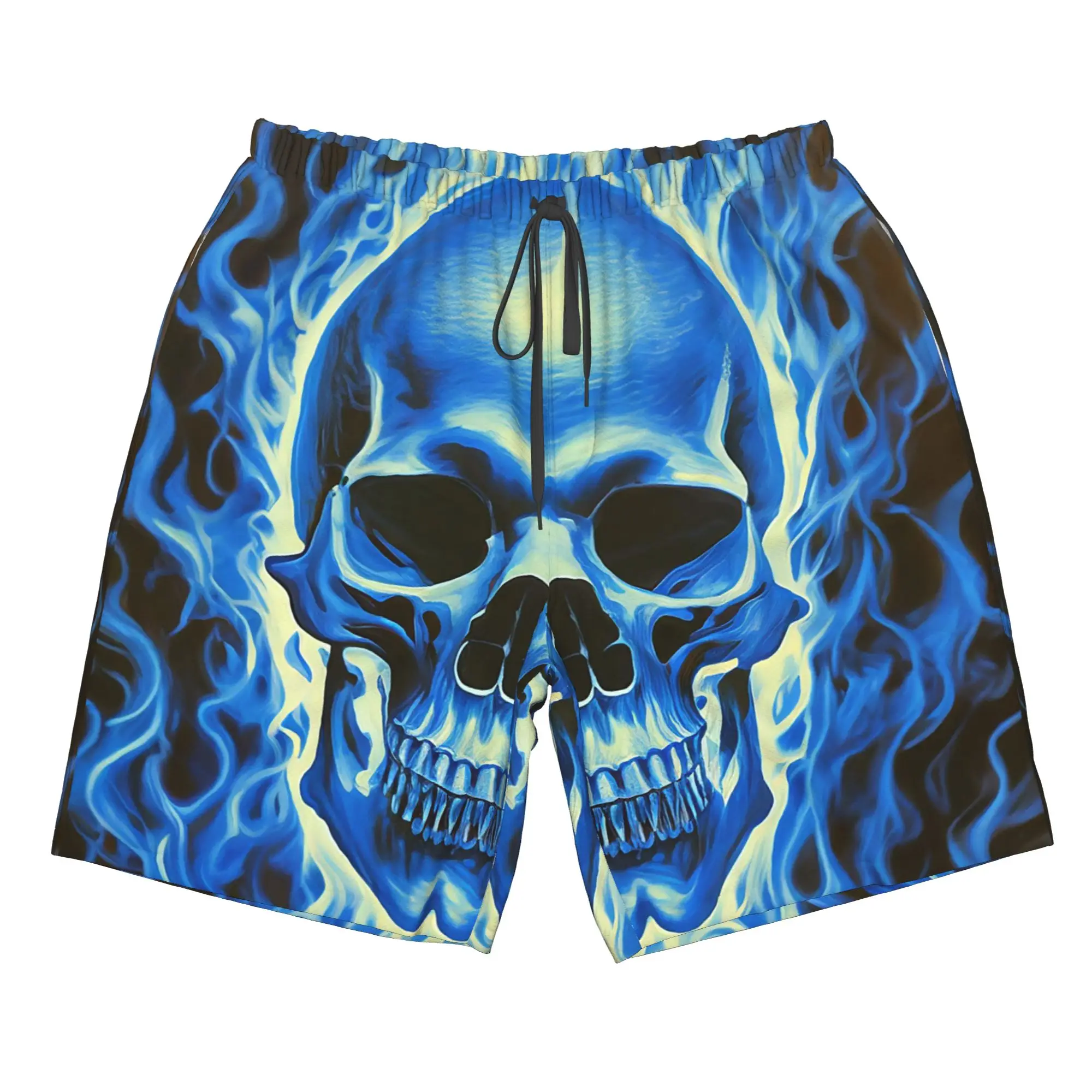 Skull and Burning Flame Print Trunks Beach Board Shorts Casual Quick Dry Swim Summer Men Pants