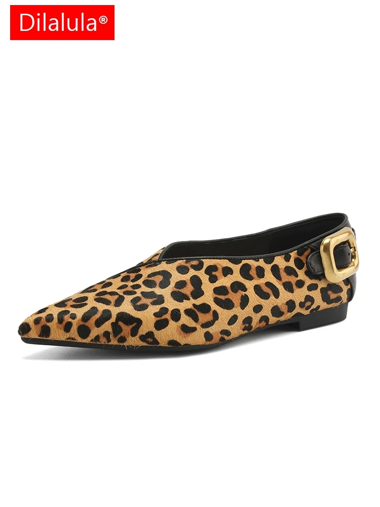 Dilalula 2025 Genuine Leather Leopard Pumps Women Pointed Toe Natural Leather Casual Flats Female Buckle Decoration Loafers