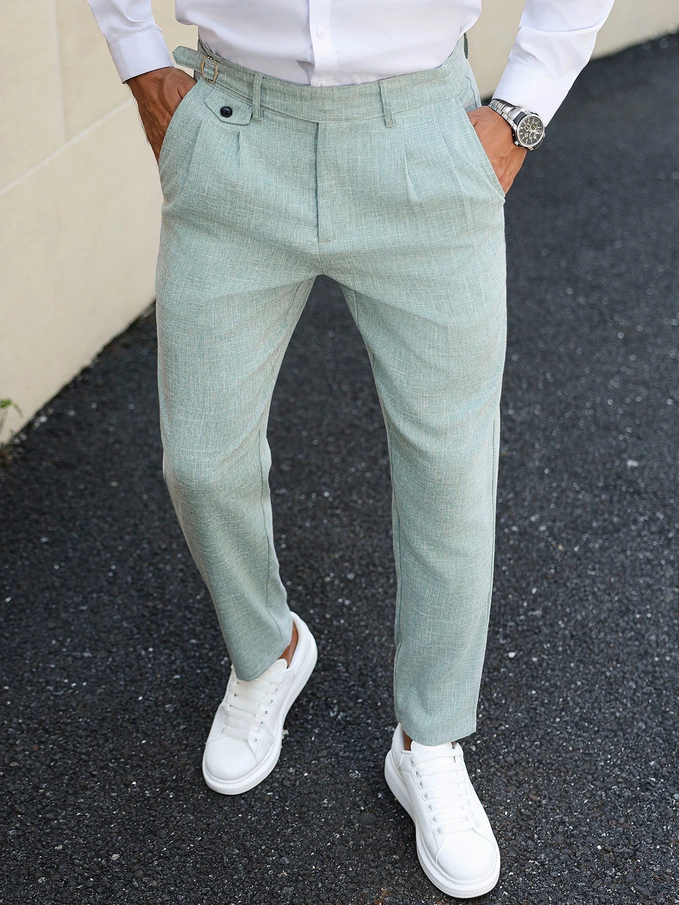 Men High Waist Pleated Textured Cropped Suit Trousers, Viscose Polyester Spandex Soft Stretch Ankle Business Casual Dress Pants