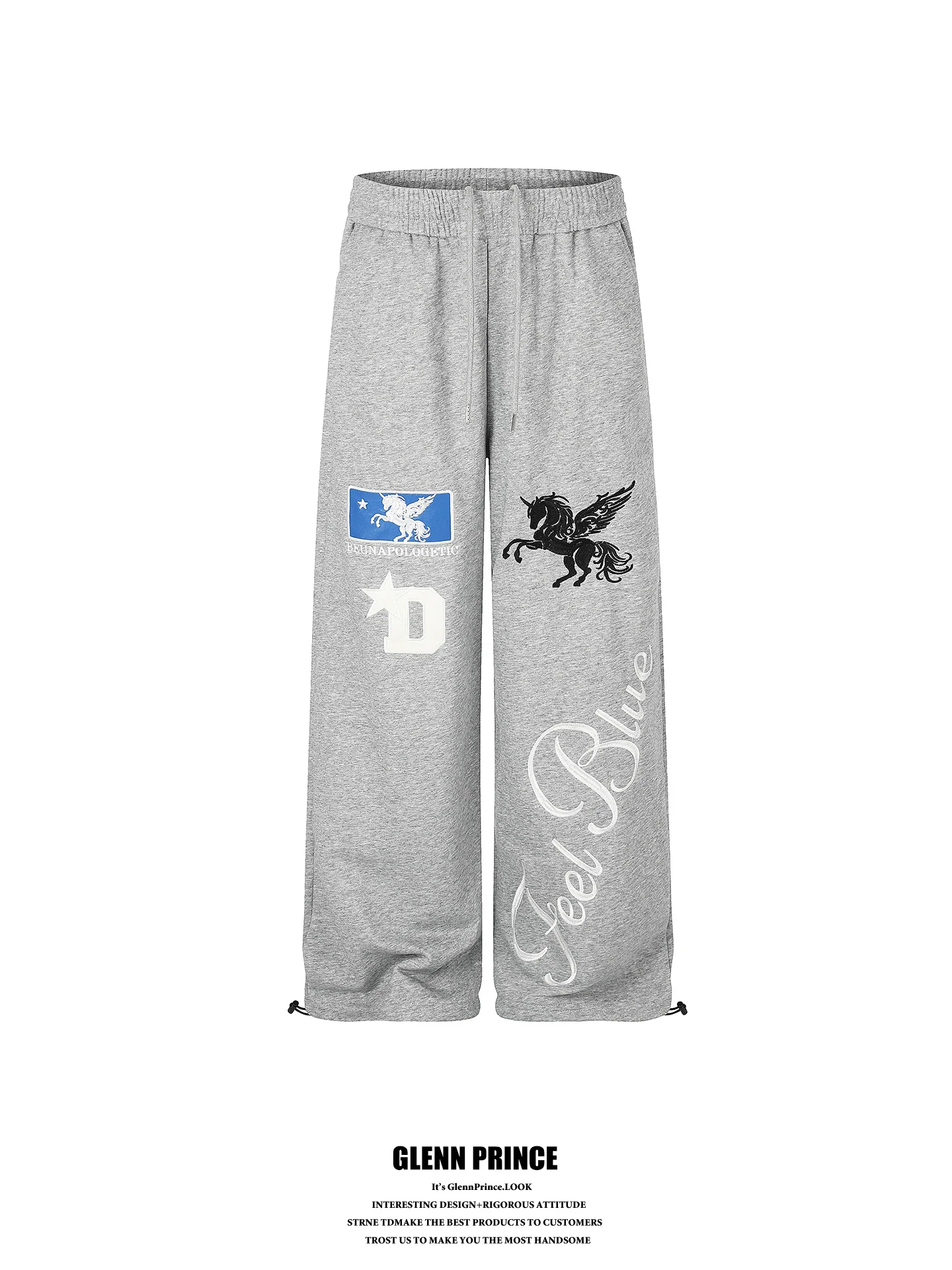American Retro Heavyweight Unicorn Embroidery Sports Sweatpants Men's Casual Wide Leg Leisure Pants Breathable Comfortable