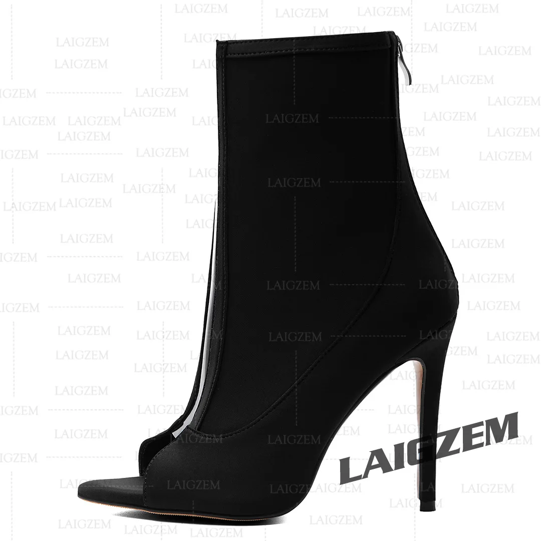 LAIGZEM Women Ankle Boots Patchwork Peep Toe Back Zip Up Clear PVC Thin High Heels Boots Shoes Woman Handmade Big Size 41 44 47