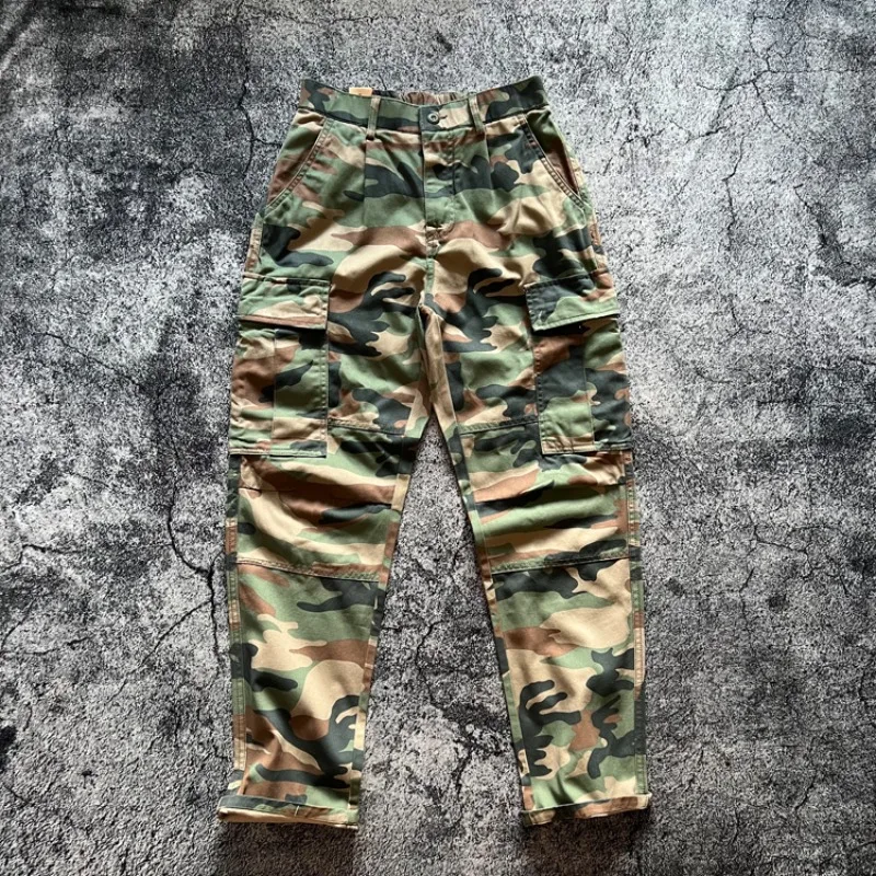 Spring Autumn Elastic Waist American Retro Washed Multi Pocket Workwear Loose Straight Camouflage Pants 100% Cotton Men's Pants