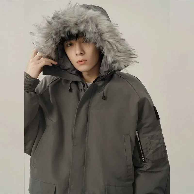 American Trendy Loose Fit Parka Men's Winter Thickened Cotton Jacket Gray Workwear with Detachable Fur Collar