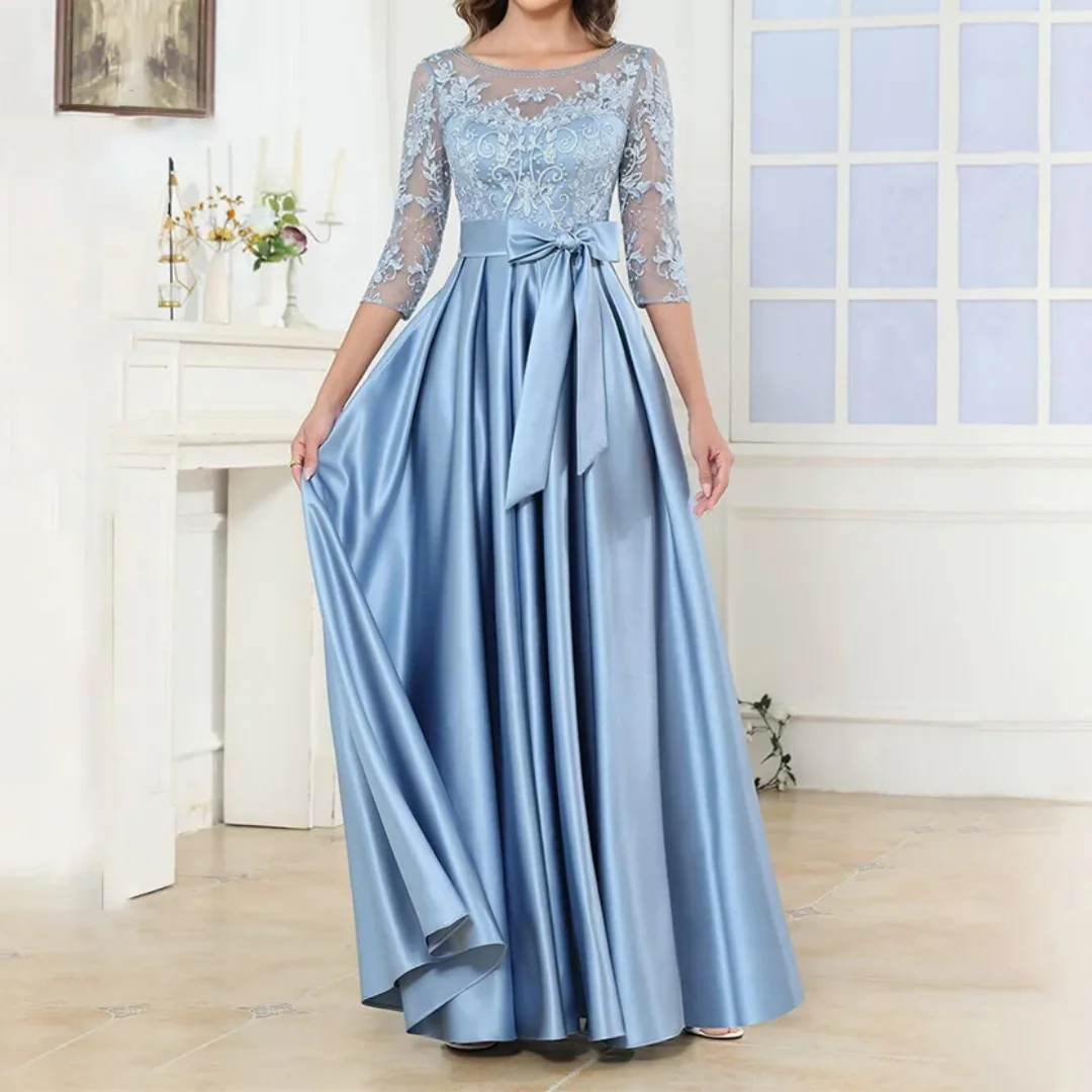 Satin Mother of The Bride Dresses with Pockets Long Lace Appliques 3/4 Sleeve Formal Evening Gowns for Women Customized