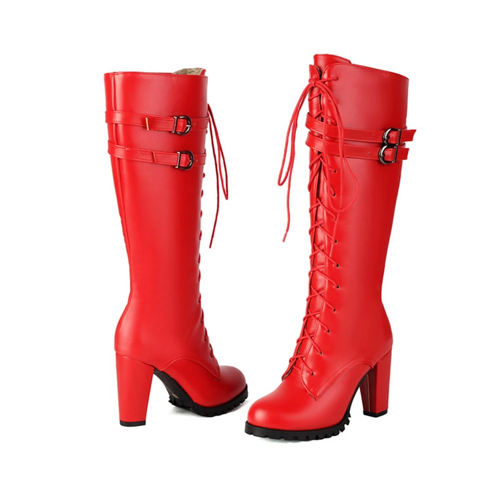 Knee High Platform Boots Women Double Buckle Strap Lace Up Chunky Heel Plus Size 32-48 Multi Color Side Zipper Casual Boot 76-12