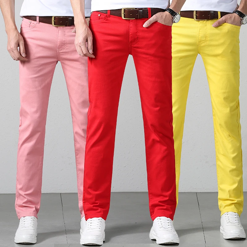 Men's Slim Fit Pants Casual Colorful 2024 Spring Autumn New Straight Trousers Men Cotton Stretch Fashion Pants Red Yellow Pink