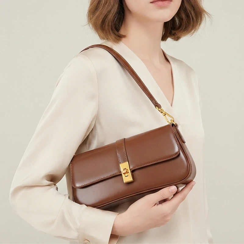 BURMINSA Vintage Small Genuine Leather Underarm Purse Women Cowhide Flap Shoulder Crossbody Bag Minimalist Work Luxury Handbags