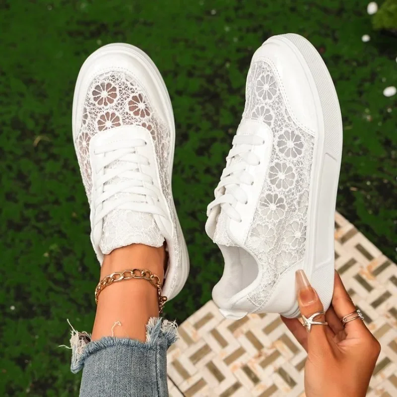 Women Floral Lace Lace-up Sneakers, Breathable Mesh Platform Casual White Shoes