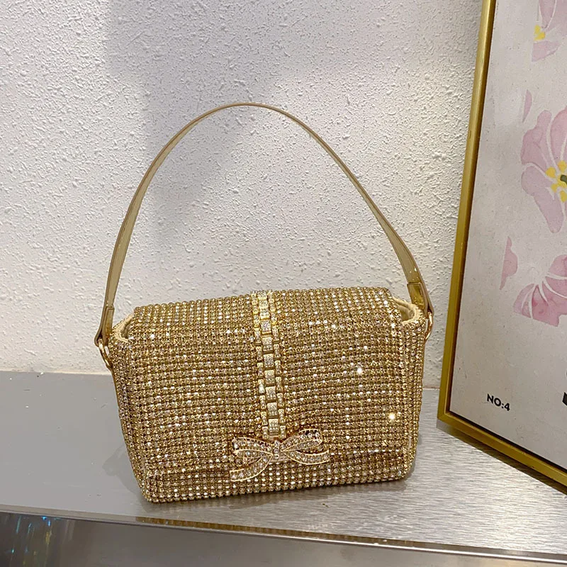 Glitter Metal Bow Knot Clutch Purse For Wedding Party Women Handbag Luxury Crystal Rhinestones Diamond Evening Bag Shoulder Bag