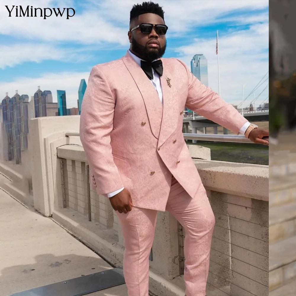 YiMinpwp Classic Pink Jacquard Men's Suit Set Double Breasted Satin Men's Party Tuxedo Set Official 3- Pieces Blazer XS-5XL
