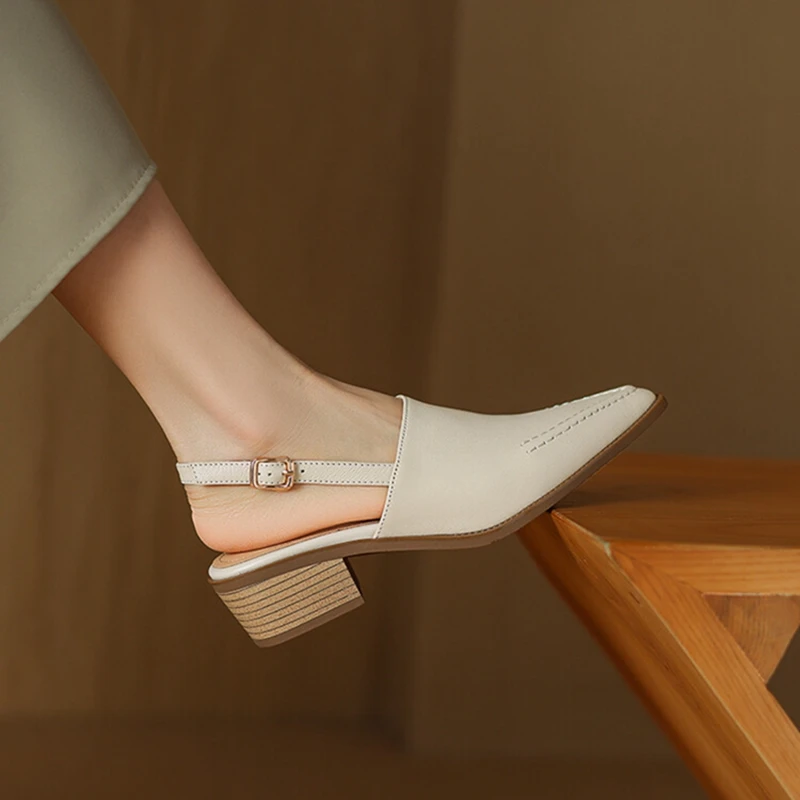 NEW Summer Women Sandals Genuine Leather Shoes for Women Pointed Toe Chunky Heel Shoes Simple Cover Toe Slingback Buckle Sandals