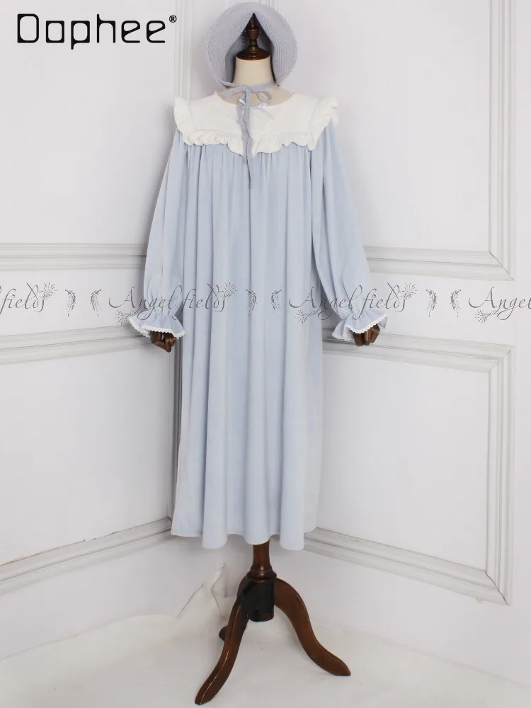 Vintage European Princess Nightdress Lace V-neck Patchwork with White Embroidery Ruffle Doll Collar Long Sleeve Women Loungewear