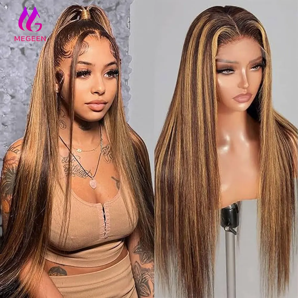 Megeen 12A Straight P4/27 Highlight HD Transparent Front Wigs 13x4 Lace Frontal Wig Human Hair Brazilian Honey Blonde Ombre Hair