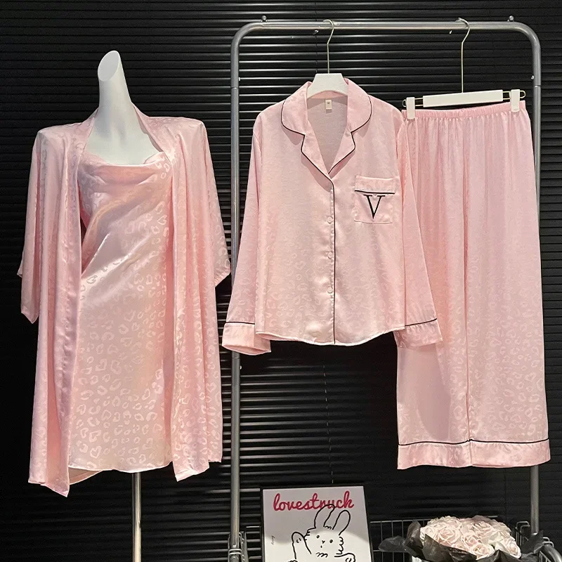 Sexy 4Pcs Pajamas Suit Leopard Print Robe Top Pants Nightdress Suit Satin Loungewear Female Autumn New Nightwear Loungewear