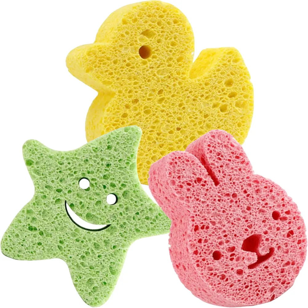 3Pcs Baby Bath Sponge Wood Pulp Cartoon Kids Shower Sponges Small Toddler Body Wash Sponge Gentle Exfoliating Bath Tool