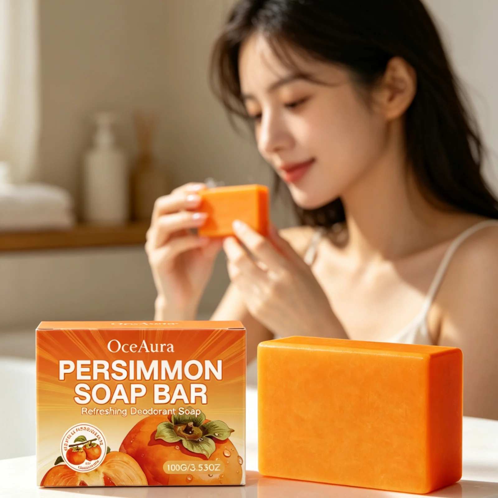 OceAura Persimmon Soap Bar Effective Cleaning Smoothing Skin Refreshing Rich Creamy Foam Mild Fragrance Persimmon Deodorant Soap