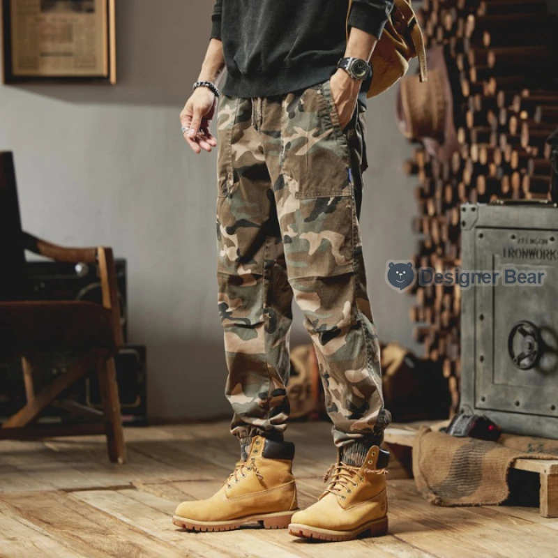 Brand Clothing Men's Baggy Camo Cargo Pants Multi-Pocket Work Tactical Tapered Leg Hiking Outdoor Casual Trousers Khaki Gray