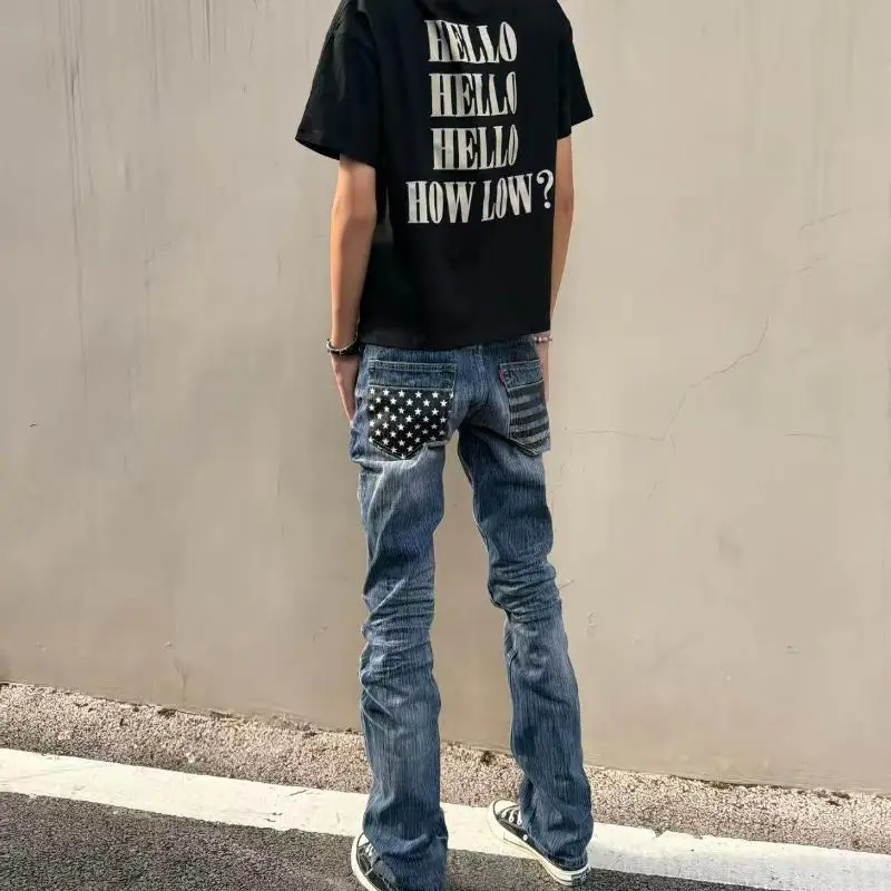 Men's Fashionable Pocket Design Jeans High Waist Vibe Trousers Street Y2k Sweatpants Male Wide Leg Retro Blue Pants