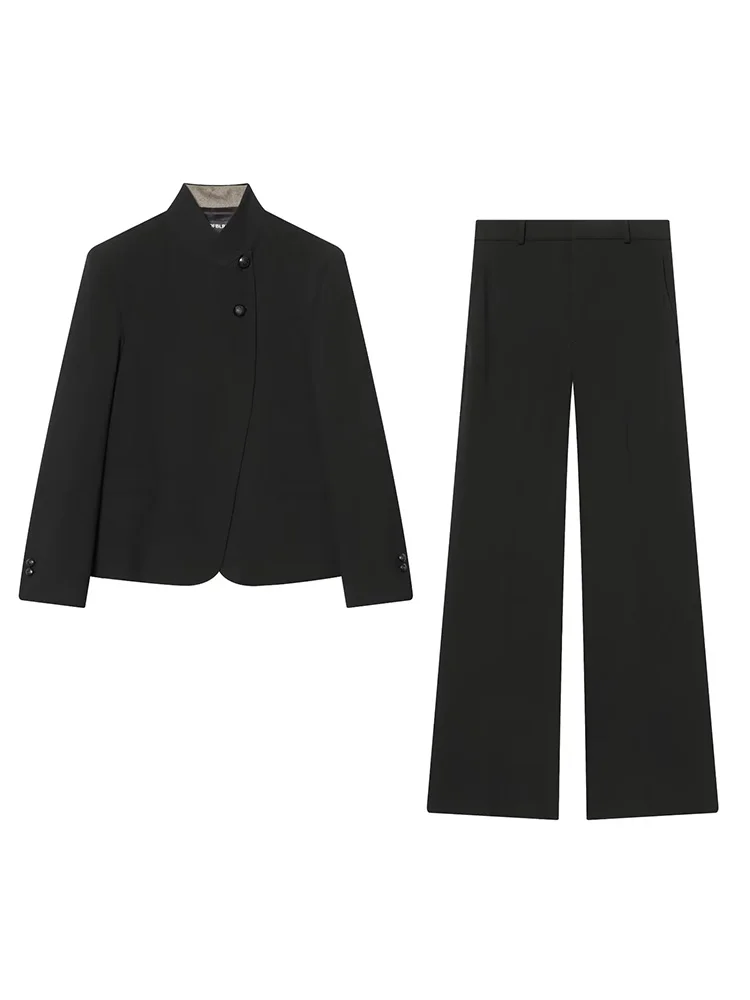 HH Spring Women High-Necked Button Decoration Long-Sleeved Solid Suit Jacket+Loose High-waisted Pocket Straight Leg Pants