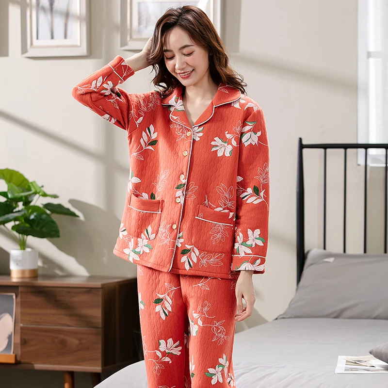 Autumn Winter Knitted Cotton Quilted Women's Pyjamas Flower Pajamas Set Casual Female Sleepwear Pyjamas Night Pijamas Homewear