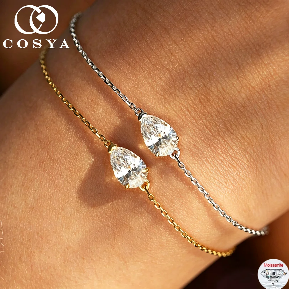 COSYA 2CT Pear Moissanite Chain Bracelets for Women S925 Silver 18K Gold Plated Solitaire Lab Diamond Adjustable Party Jewelry