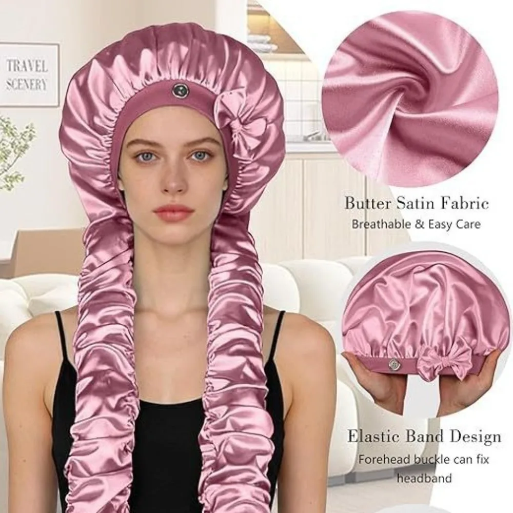 Heatless Curling Bonnet Long Satin Sleep Cap for Braids Satin Bonnet with Long Tail Elastic Band Hair Curler Wrap for Women