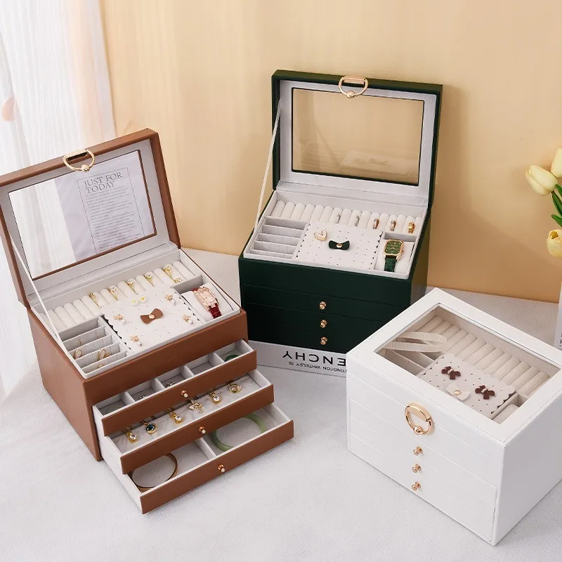 Leather Jewelry Organizer Box Earrings Rings Display Boxes Transparent Jewellery Storage Cases Multilayer Ornament Displays Case
