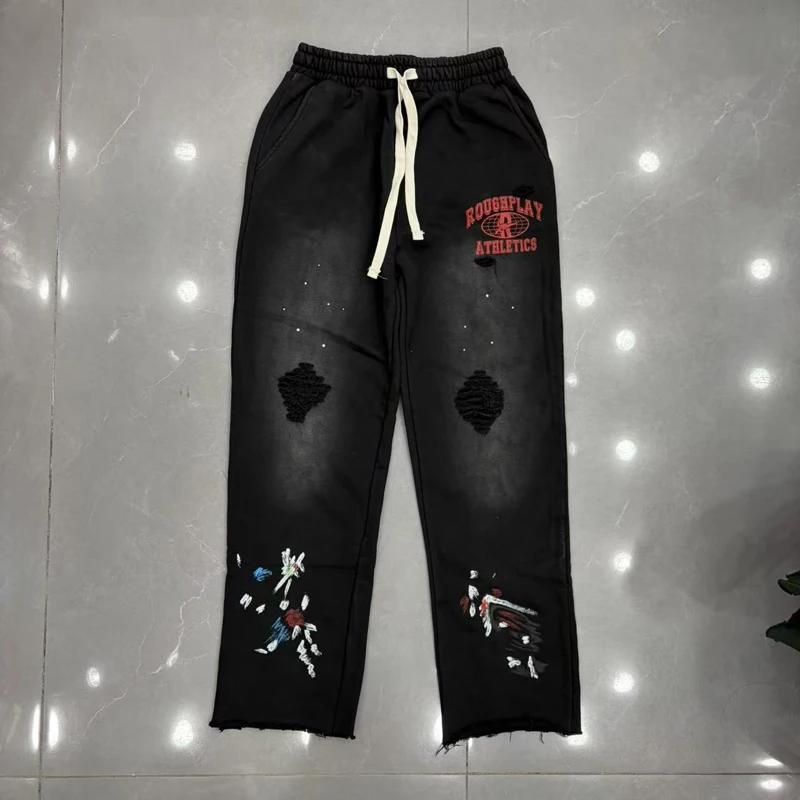 Rough Play Men's Casual Pants New Autumn Vintage Ripped Frayed High Street Hip Hop Loose Straight Leg Waist Pants Stock