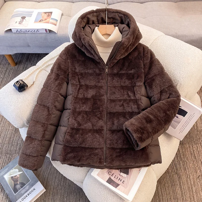 2026 Fashion Faux Rabbit Fur Spliced Down Cotton-padded Jacket Women's Short Coat Winter Hooded Parkas Thicken Warm Outerwear