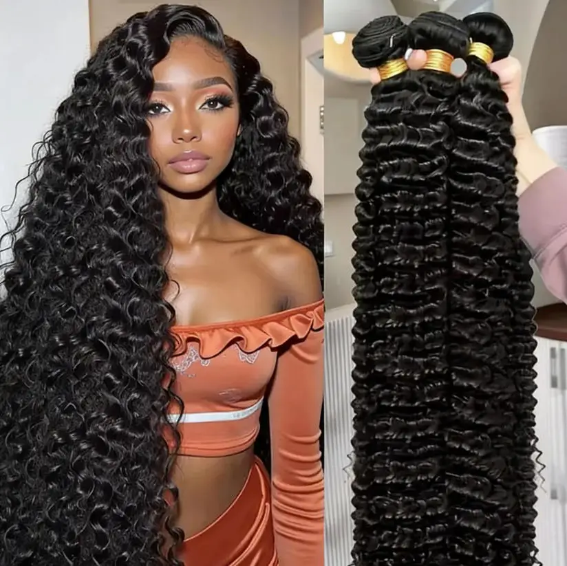 Unprocessed Brazilian Virgin Remy Deep Wave Human Hair Bundles Natural Black Curly Hair Extensions for Women