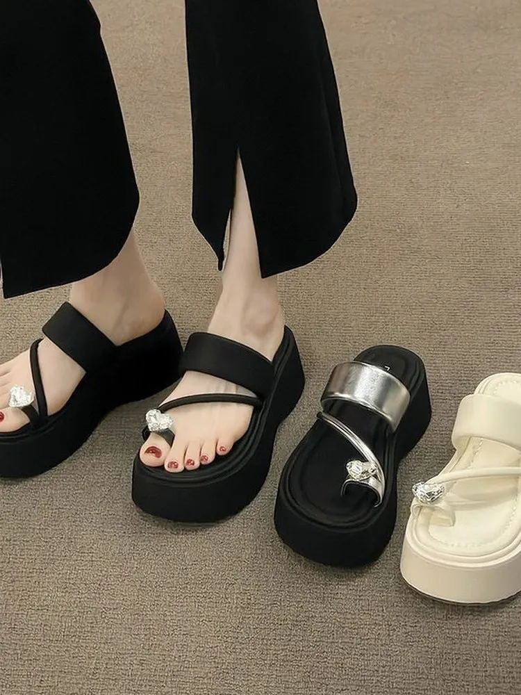 Women's Fashionable Diamond Toe-thong Sandals Thick Heel Outdoor Slippers Summer New Style Roman Style Korean Version Slip-On...