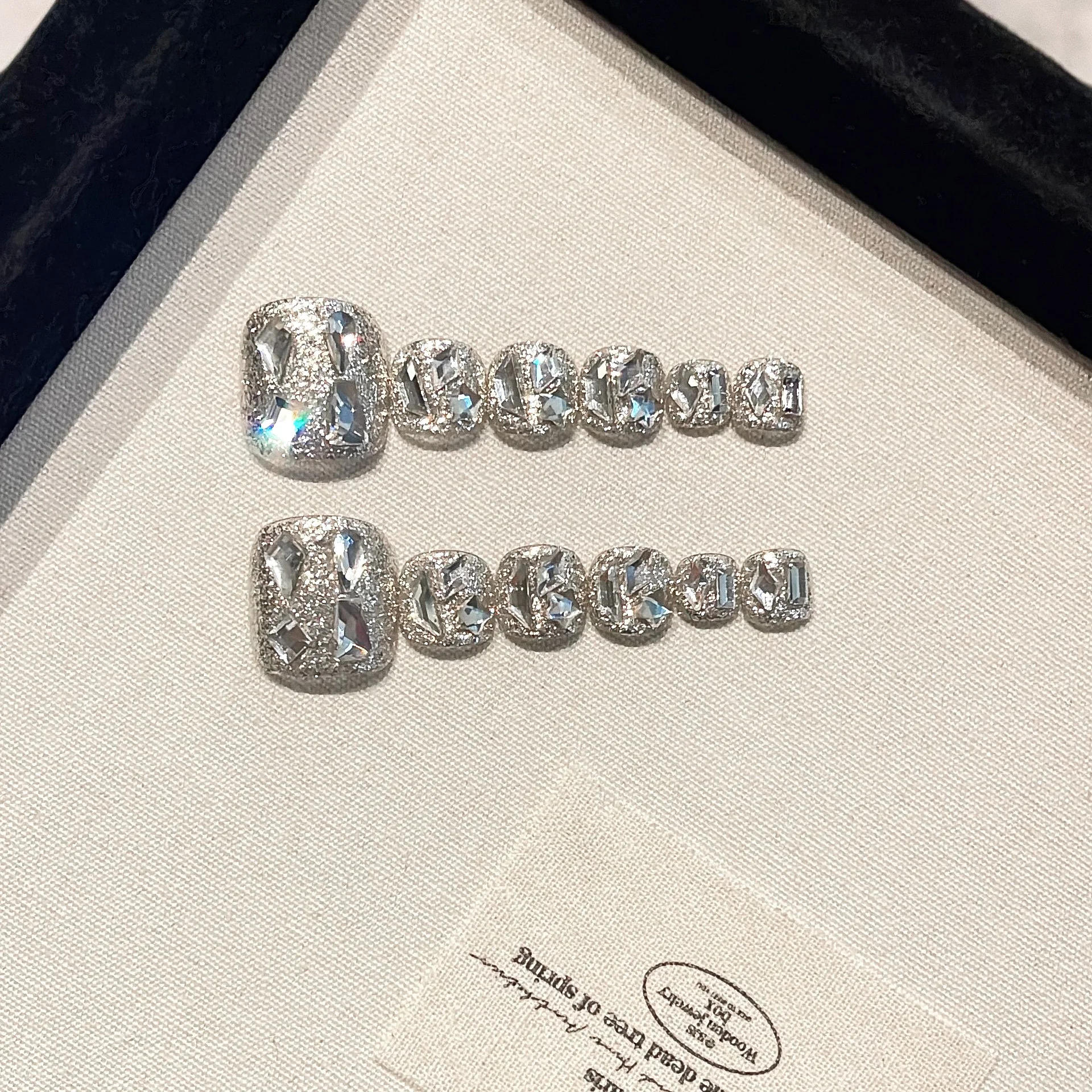 12PCS Original Handmade Sparkly Luxury Press On Toe Nails, Silver Glitter Clear Rhinestone Reusable False Toenail Tips for Feet