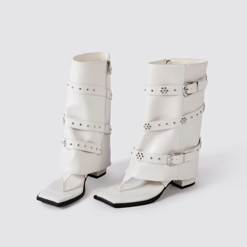 Punk Style Women's Shoes New Fashion Metal Decoration Summer Boots for Woman Exquisite Mid Calf Boots Designer Shoes Botas Mujer