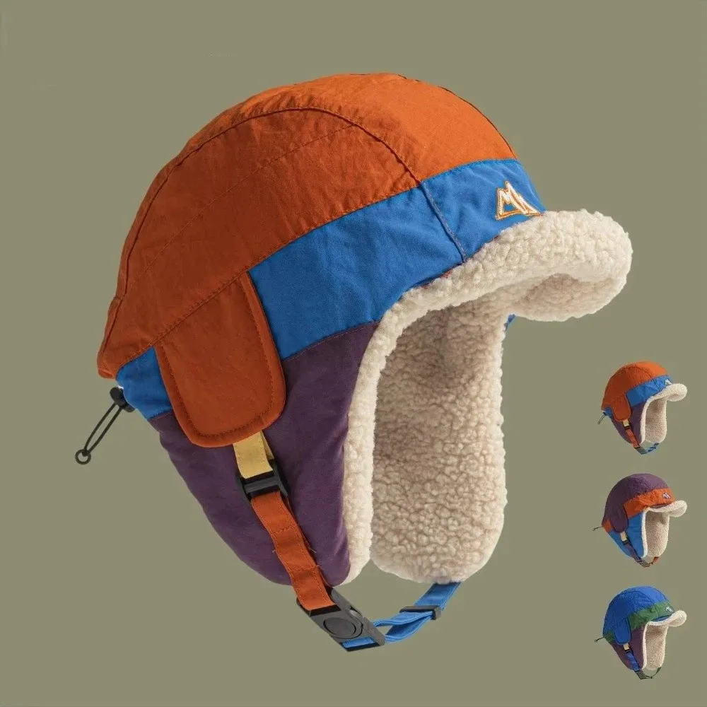 Retro Autumn Winter Patchwork Bomber Hat Warm Windproof Fluffy Earmuffs Thickened Ear Protection Skiing Pilot Hat For Women Men