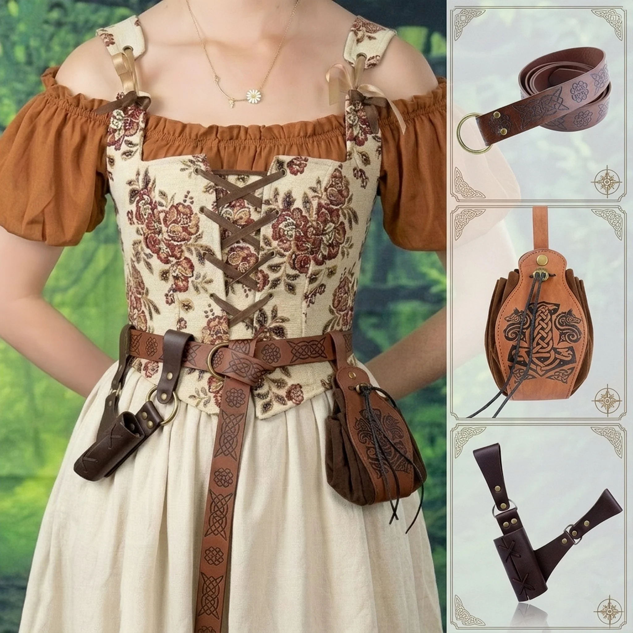 Medieval Leather Belt Set Pu Leather Belt Drawstring Coin Purse Vintage Sword Scabbard for Halloween Cosplay Renaissance Fairs