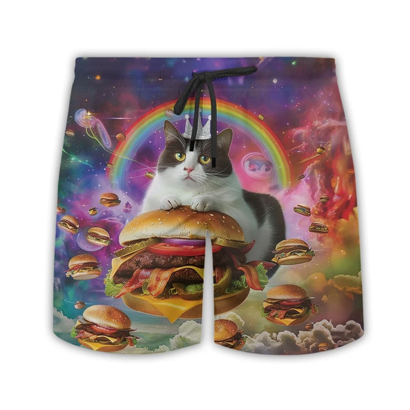 New Funny Cat Burger Pattern Beach Shorts Men 3d Printed Hamburger Surfing Board Shorts Summer Street Unisex Swimming Trunks