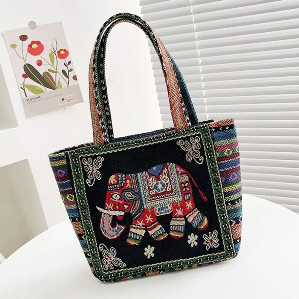 Simple Embroidery Elephant Ethnic Style Handbag Animal Peacock Canvas Tote Bag Rabbit Canvas Handbag Storage Bag