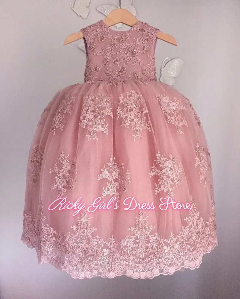 Lace Appliques Flower Girl Dress For Wedding Puffy Shiny Tulle Pink Kids Birthday Party First Communion Ball Gowns Customized