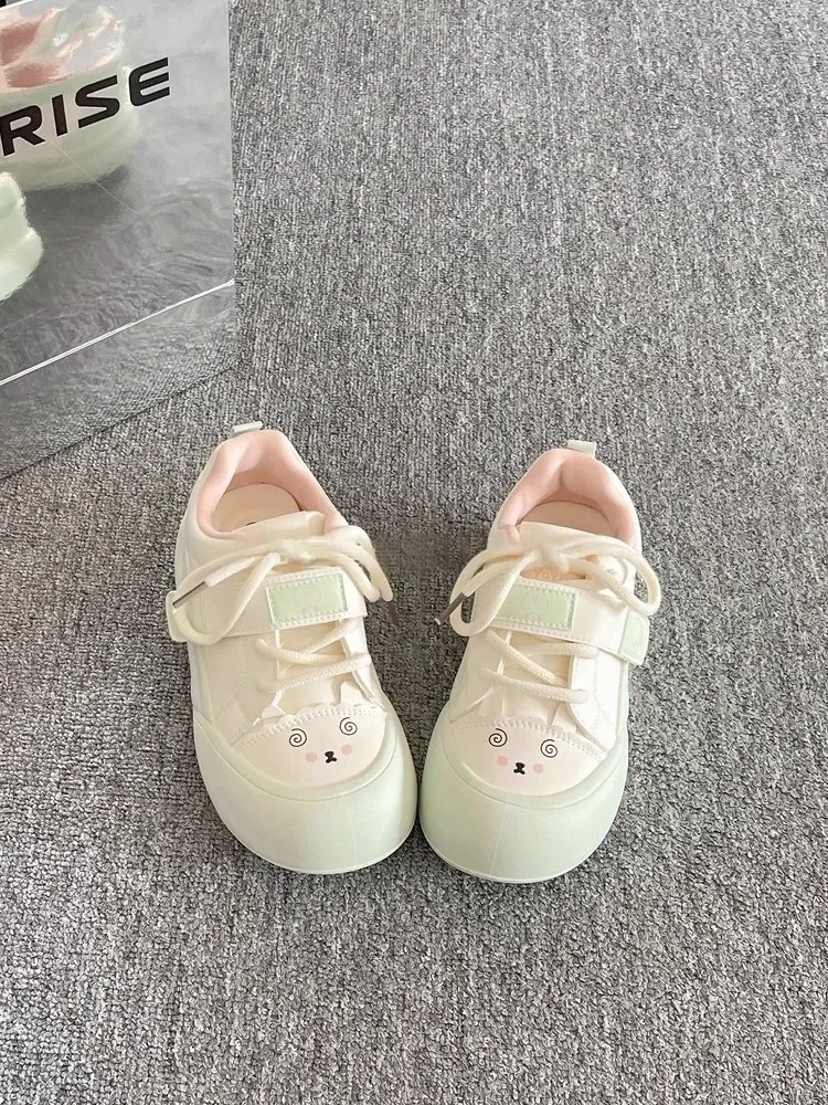 New Spring Autumn Round Toe Platform Sneakers,Cute Cartoon Print Hook Loop Lace Up Thick Sole Lightweight Trendy For Girls Shoes