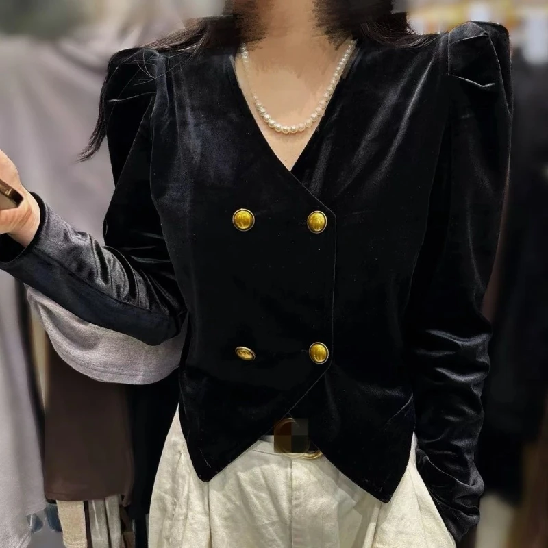 Velvet Short Premium Elegant Coats New French Style V Neck Slim Veste Femme Long Sleeve Minority Exquisite Solid Jackets