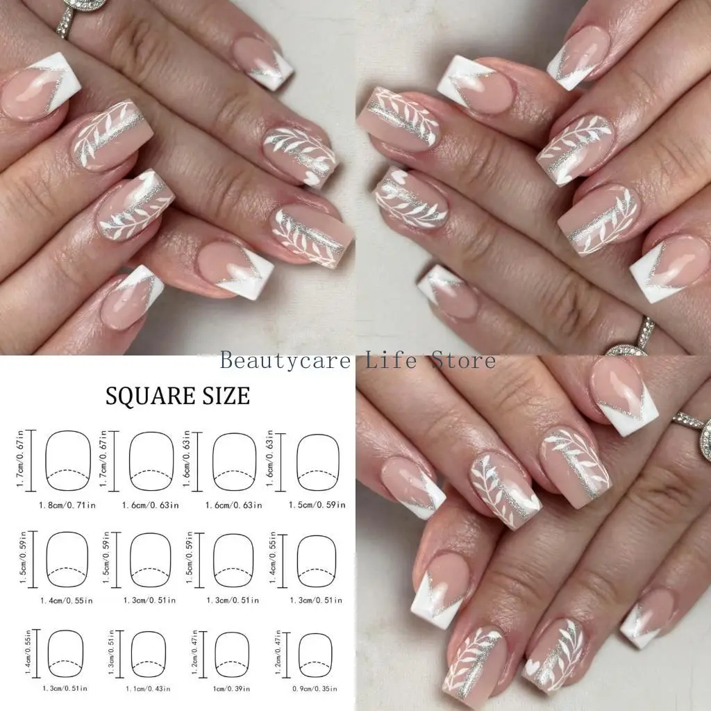 652C Press On With Sparkling French Tips 24Pieces Short Square Fake Glossy Surfaces ABS Material