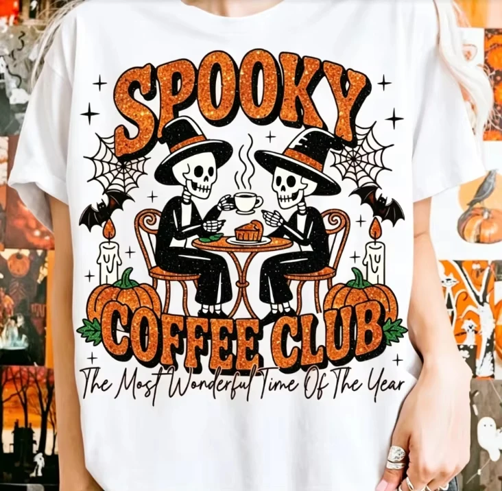 2026 New Family Matching Unisex Oversized T Shirt Spooky Coffee Club Skeleton Pumpkin Halloween Print Streetwear Tee