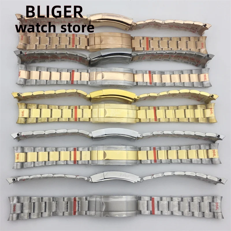 BLIGER 20mm Sliding Lock Watch Bracelet Silver Gold Black Rose Gold Brush/Polish Fit 36mm/38/39/40mm Diving Watch Replace Parts