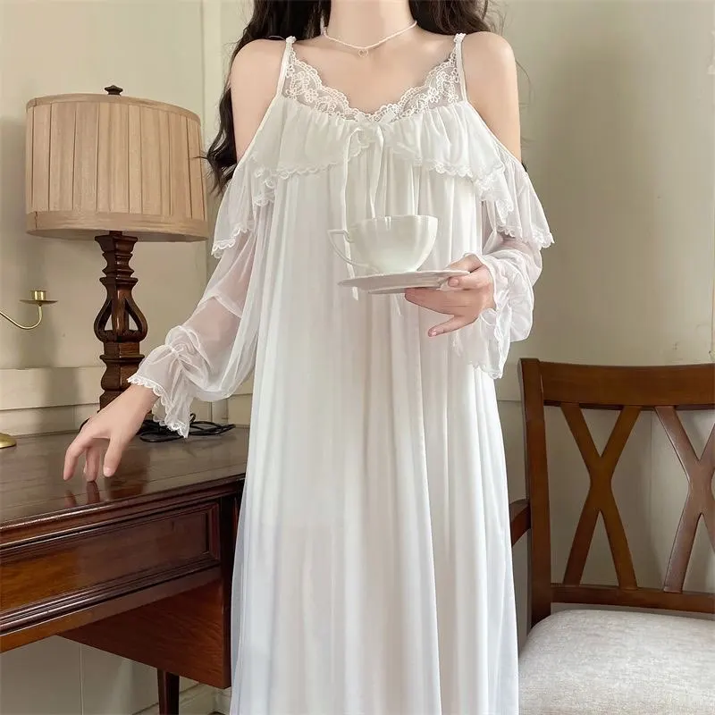 Womens Lace Nightgown Off-the-shoulder Home Dress