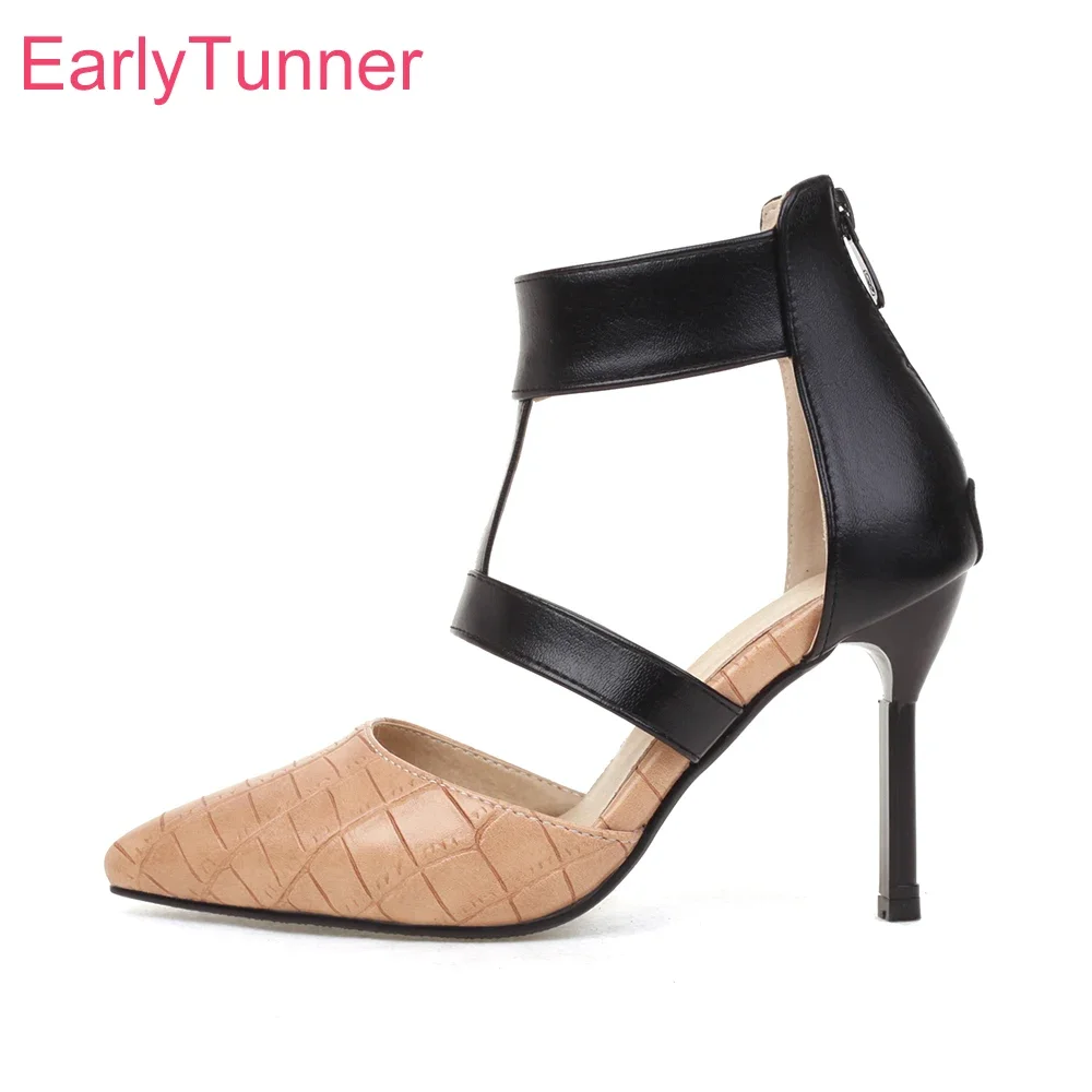New Summer Mature Beige Black Women Sandals Pointed Toe High Stiletto Heel Lady Dress Shoes Plus Small Big Size 12 32 30 45 48